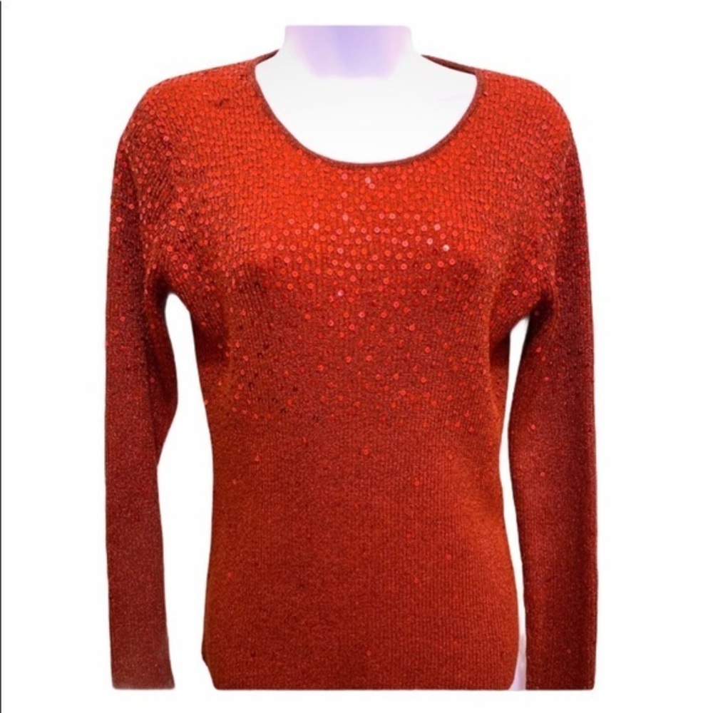 Once Again Red Sequin Metallic Knit Top Size M